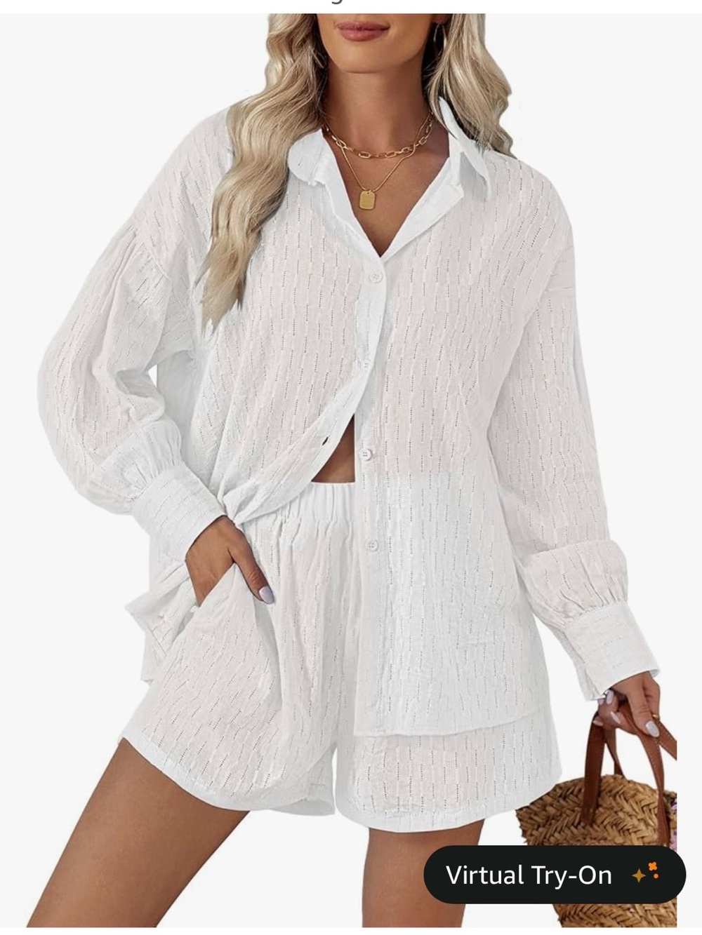 White Lightweight Button-Up Shirt & Shorts Set